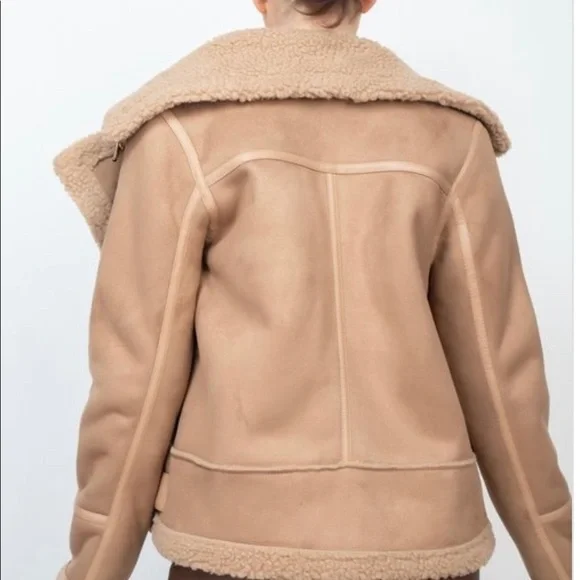 TAUPE BROWN FAUX FUR SUEDE MOTO JACKET BIKER COAT - Picture 3 of 14